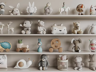Various Cute Animal Stuffed Toys Displayed On Shelves In Kids Room 3d model