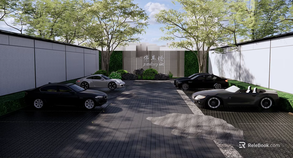 Scenic Eco-friendly Parking Lot Featuring Trees Cars Paved Ground And Green Wall 3d model 