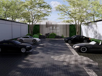 Scenic Eco-friendly Parking Lot Featuring Trees Cars Paved Ground And Green Wall 3d model