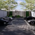 Scenic Eco-friendly Parking Lot Featuring Trees Cars Paved Ground And Green Wall
