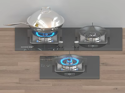 Stainless Steel Wok On Built In Gas Stove With Blue Flame For Kitchen Cookware 3d model