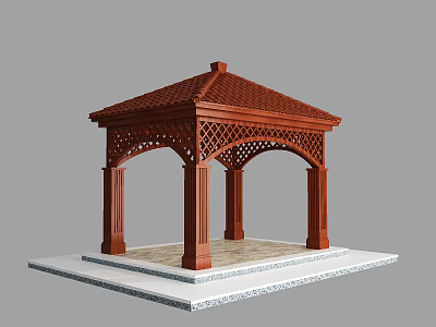Wooden Gazebo With Red Tile Roof Carved Lattice Design Four Pillars And White Patterned Base 3d model