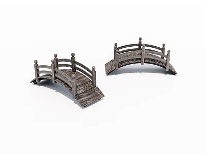 Two Traditional Wooden Landscape Bridge Models With Arched Design And Railings 3d model