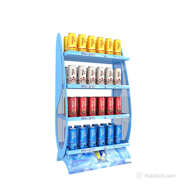 Blue Multi Tier Display Shelf with Assorted Colored Canned Beverages Arranged Neatly 3d model