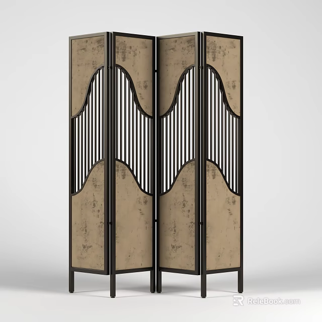 Modern Decorative Screen With Wavy Black Frame And Striped Beige Panels 3d model
