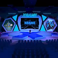 X GAME Stage Setup With Large Screen Hexagonal Displays Blue Lighting And Audience Seats 3d model