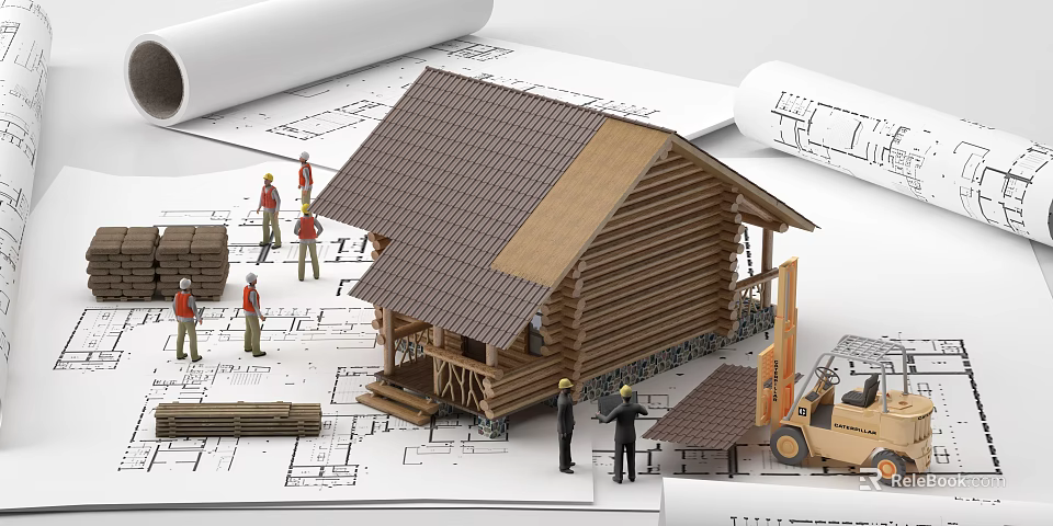 Commercial Construction Equipment Featuring Forklift Workers Blueprints And Wooden House Model 3d model 