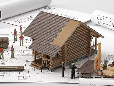 Commercial Construction Equipment Featuring Forklift Workers Blueprints And Wooden House Model 3d model
