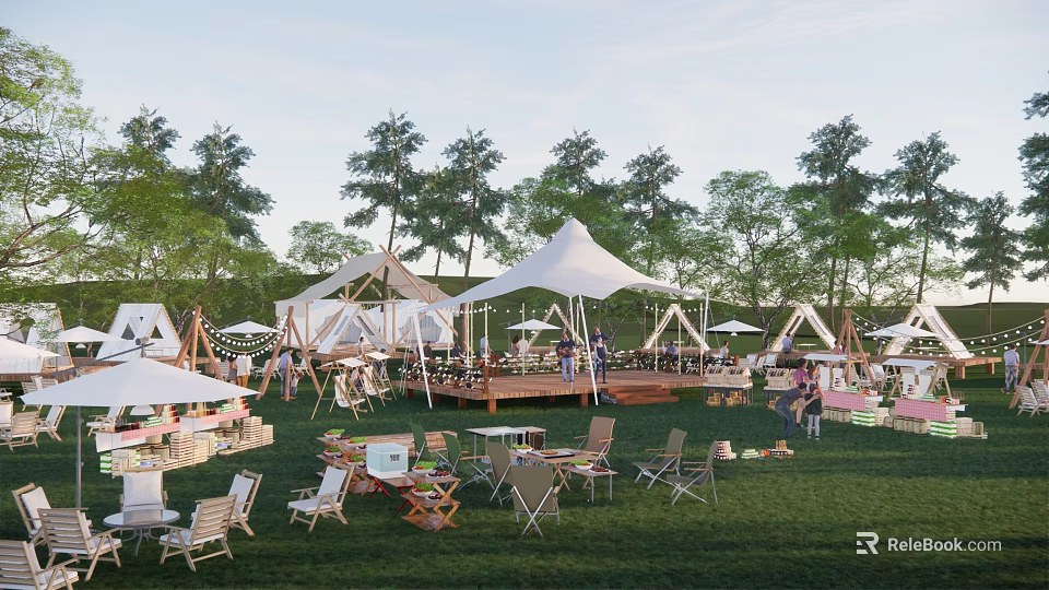 Scenic Camping Site With White Tents Green Grass Outdoor Furniture And Trees 3d model 