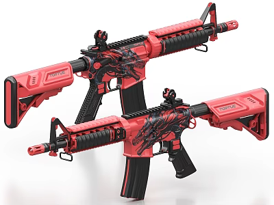 Red And Black Rifles With Dragon Pattern Design And Tactical Accessories 3d model