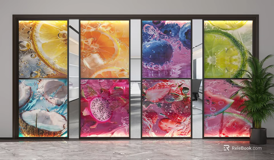 Colorful Fruit Pattern Glass Room Divider With Transparent Panel Design 3d model 