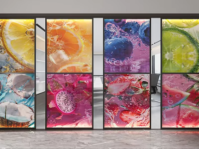 Colorful Fruit Pattern Glass Room Divider With Transparent Panel Design 3d model