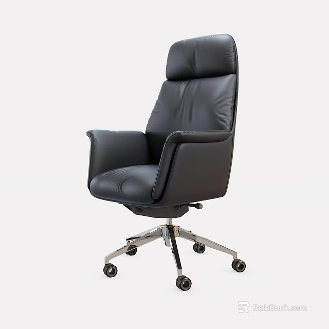 Black Leather Office Chair High Back Design With Armrests And Swivel Wheels Base 3d model 