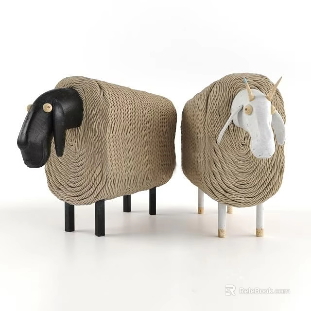 Two Woven Brown Dolls With Black Head And White Horn Design 3d model 