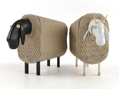 Two Woven Brown Dolls With Black Head And White Horn Design 3d model