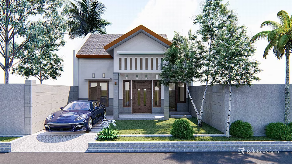 Modern Single Family House Exterior With Brown Roof Porch Front Yard Black Car And Trees 3d model 