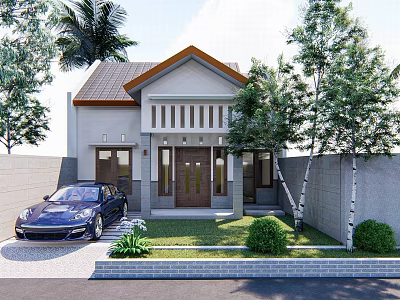 Modern Single Family House Exterior With Brown Roof Porch Front Yard Black Car And Trees 3d model