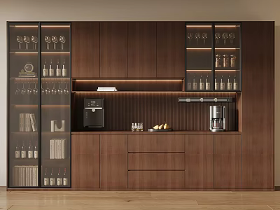 Modern Wooden Wine Cabinet With Glass Door Displaying Wine Bottles Glasses And Integrated Coffee Machine 3d model