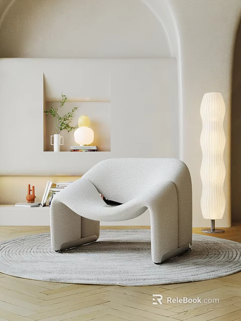 Modern Leisure Chair With Curved Design Soft Fabric White Floor Lamp And Green Plants 3d model 