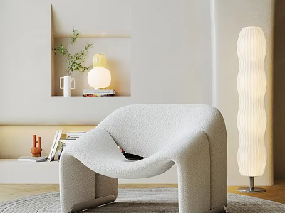 Modern Leisure Chair With Curved Design Soft Fabric White Floor Lamp And Green Plants 3d model