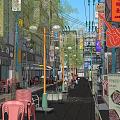 Vibrant Commercial Street With Colorful Shop Signboards Outdoor Seating And Pedestrians