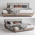 Modern Beige Double Bed With Upholstered Headboard Multiple Pillows And Cozy Blanket 3d model