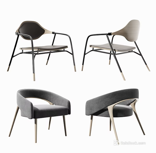 Modern Leisure Chairs With Wooden Accents Metal Frames And Gray Upholstery 3d model 