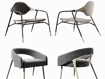 Modern Leisure Chairs With Wooden Accents Metal Frames And Gray Upholstery 3d model