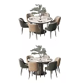 Modern Dining Table Set With Round Tabletop Four Upholstered Chairs And Decorative Plant 3d model