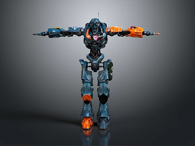 Futuristic Smart Robot with Blue Orange Armor and Extended Mechanical Arms Design 3d model