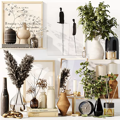 Elegant Modern Decorative Ornaments Set On Shelves With Vases Dried Flowers Green Plants And Frames 3d model
