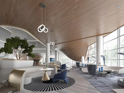 Modern Sales Office Interior With Wooden Ceiling Pendant Lights Large Windows And Green Plant 3d model