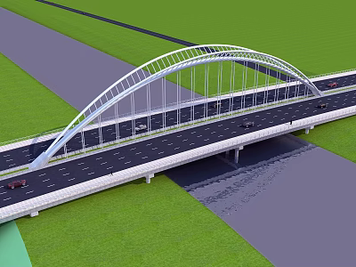 Modern Arch Bridge Design With Road Cars And Green Grass Surroundings 3d model