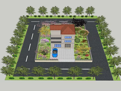 Detached Villa With Red Roof Garden Green Plants Blue Car And Trees 3d model