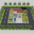 Detached Villa With Red Roof Garden Green Plants Blue Car And Trees