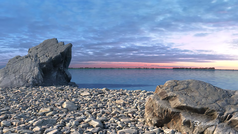 Garden Landscape With Large Rock Pebbles Calm Water Surface Under Sunset Sky Gradient Colors 3d model 