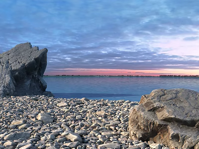 Garden Landscape With Large Rock Pebbles Calm Water Surface Under Sunset Sky Gradient Colors 3d model