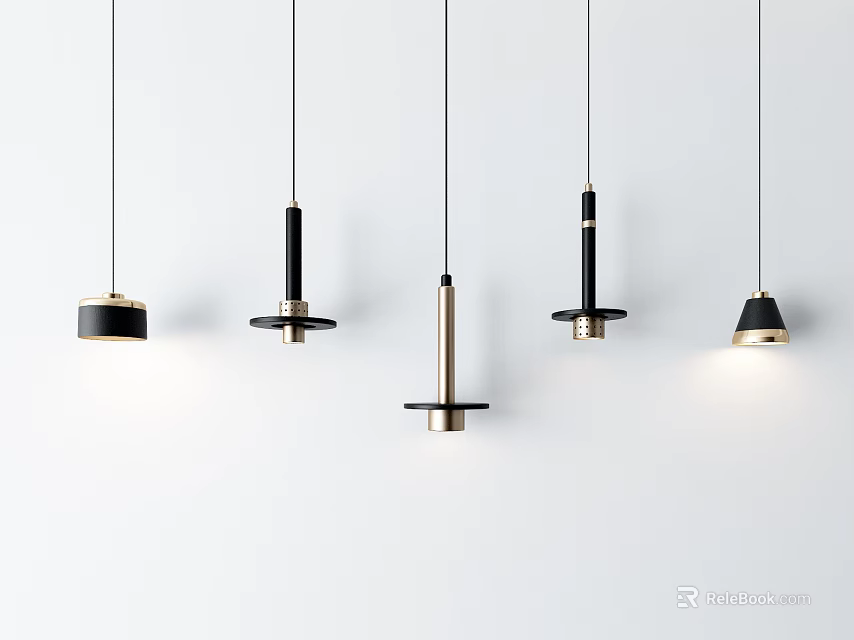 Modern Pendant Lights With Stylish Black And Gold Designs Hanging In White Space 3d model 