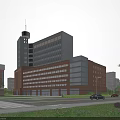 Modern Hospital Building with Red Brick and Glass Facade Surrounded by Greenery Road and Cars