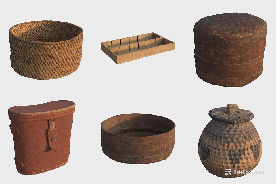 Traditional Handmade Household Items With Woven Baskets Clay Pots And Wooden Boxes 3d model 