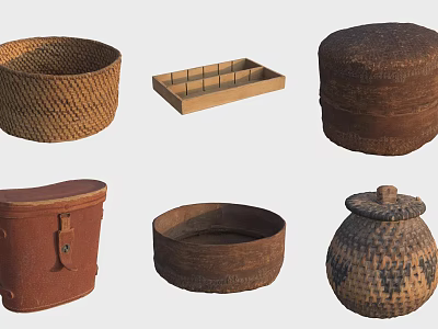 Traditional Handmade Household Items With Woven Baskets Clay Pots And Wooden Boxes 3d model