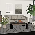 Modern Living Room Interior With Beige Sofa Wooden Coffee Table Green Plants And Patterned Rug