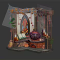 Cartoon Magical Witch Scene With Stained Glass Window Cauldron Candles And Fall Leaves