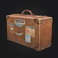 Vintage Leather Suitcase Decorated With Retro Bus Airplane Stickers For Travel