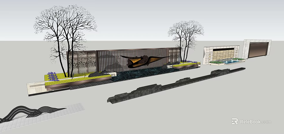 Modern Landscape Wall Design With Trees Water Feature And Decorative Elements 3d model