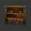 Wooden Bookshelf with Multiple Shelves Filled with Red and Brown Books and Purple Decorative Corners