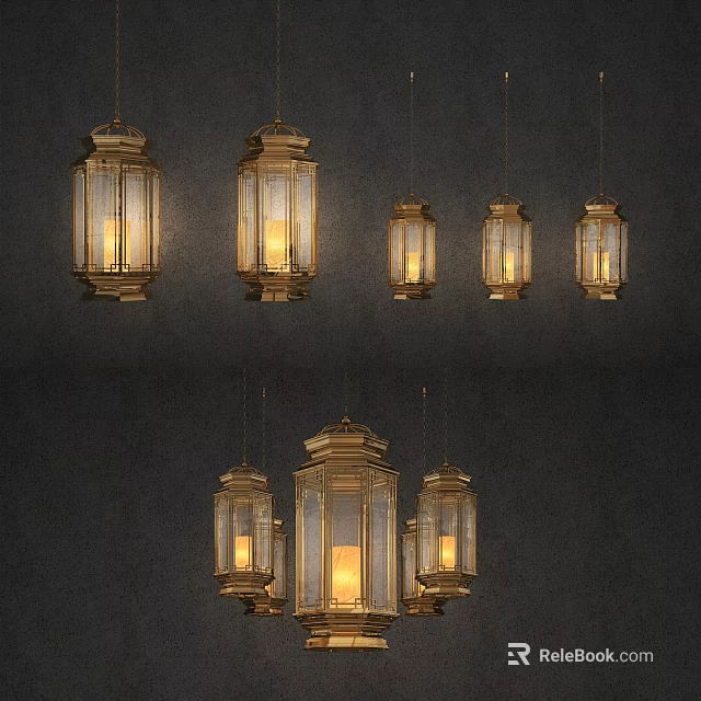 Vintage Brass Glass Lantern Chandeliers With Warm Lighting For Interior Decor 3d model 