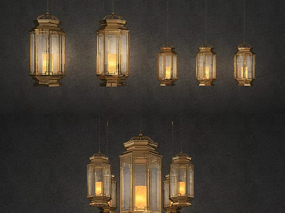 Vintage Brass Glass Lantern Chandeliers With Warm Lighting For Interior Decor 3d model