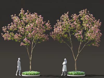 Two Flowering Shrubs With Pink Blossoms Green Surrounding Plants And Human Figures 3d model