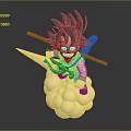 Anime Character Action Figure Spiky Black Hair Blue Outfit Holding Red Staff On Cloud Base